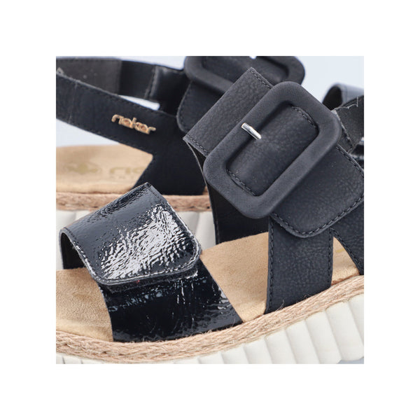 Rieker 69260-00 Ladies Wide Black Synthetic Leather Buckle Sandals