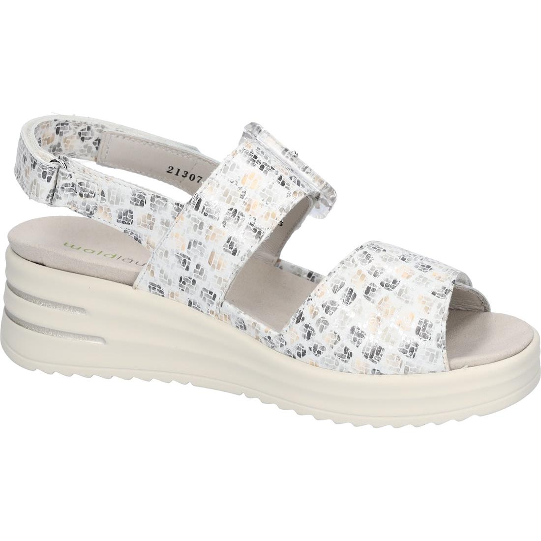 Waldlaufer 795006 110 148 H-Dina Ladies Wide White Print Leather Arch Support Touch Fastening Sandals