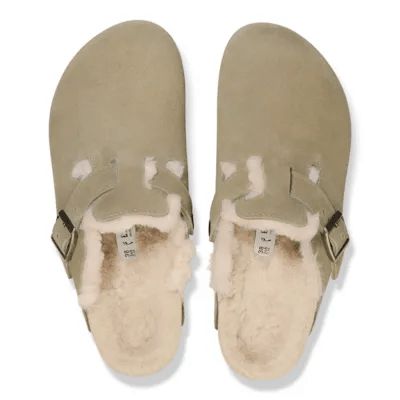 Birkenstock Boston Shearling Suede Ladies Taupe Suede Buckle Slip Ons-elevate your sole