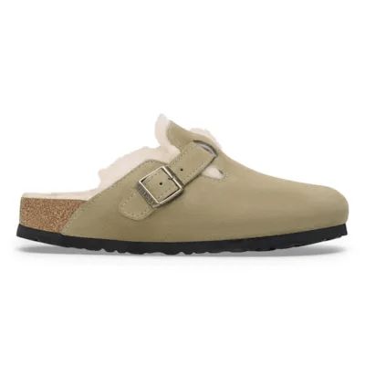 Birkenstock Boston Shearling Suede Ladies Taupe Suede Buckle Slip Ons-elevate your sole