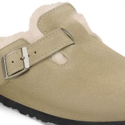 Birkenstock Boston Shearling Suede Ladies Taupe Suede Buckle Slip Ons-elevate your sole