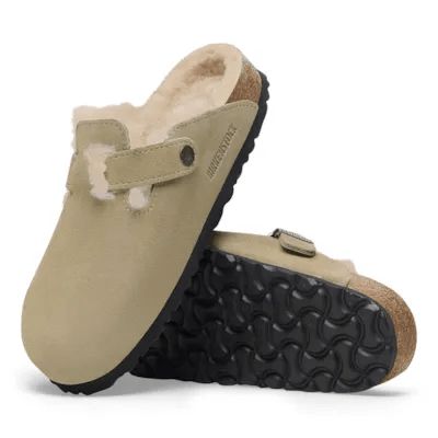 Birkenstock Boston Shearling Suede Ladies Taupe Suede Buckle Slip Ons-elevate your sole