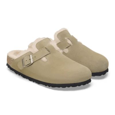 Birkenstock Boston Shearling Suede Ladies Taupe Suede Buckle Slip Ons-elevate your sole