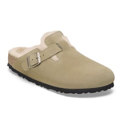 Birkenstock Boston Shearling Suede Ladies Taupe Suede Buckle Slip Ons-elevate your sole