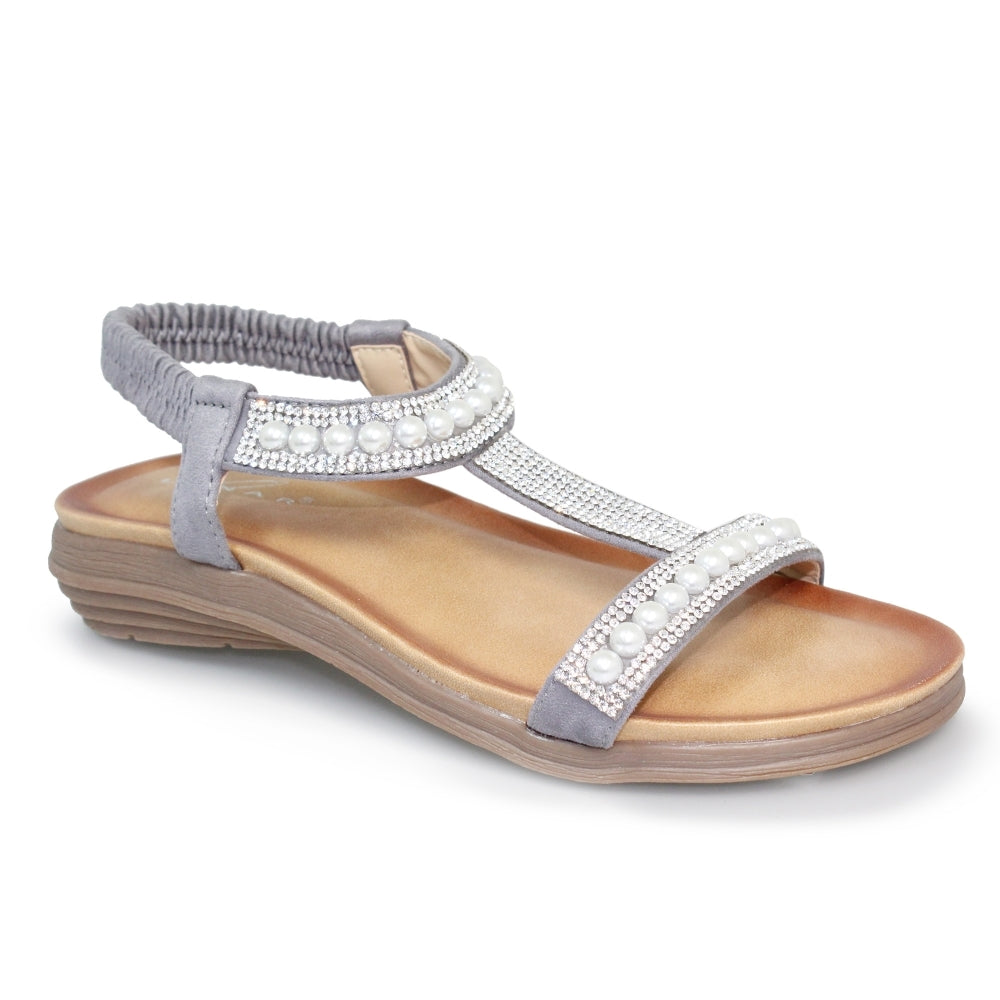 Lunar JLH 078 Tancy Ladies Grey Pearl T Bar Fashion Sandals - elevate your sole