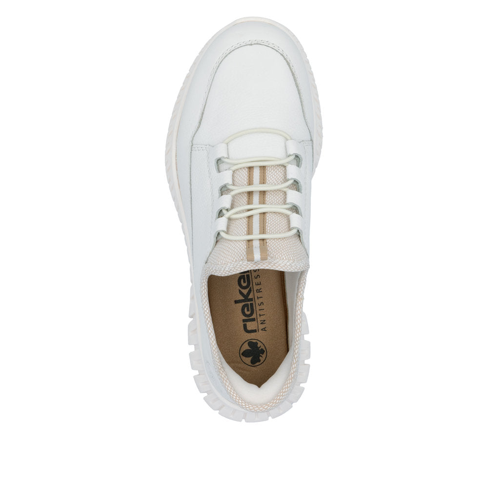 Rieker M5357-80 Ladies Wide Beige & White Leather Elasticated Trainers