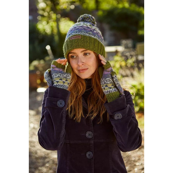 Pachamama Classic Fairisle Roll Back Bobble Beanie Olive-elevate your sole