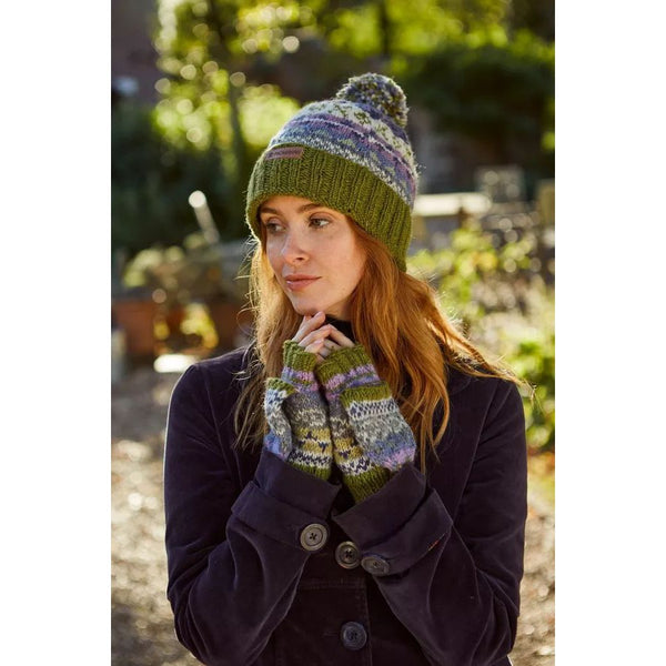 Pachamama Classic Fairisle Roll Back Bobble Beanie Olive-elevate your sole