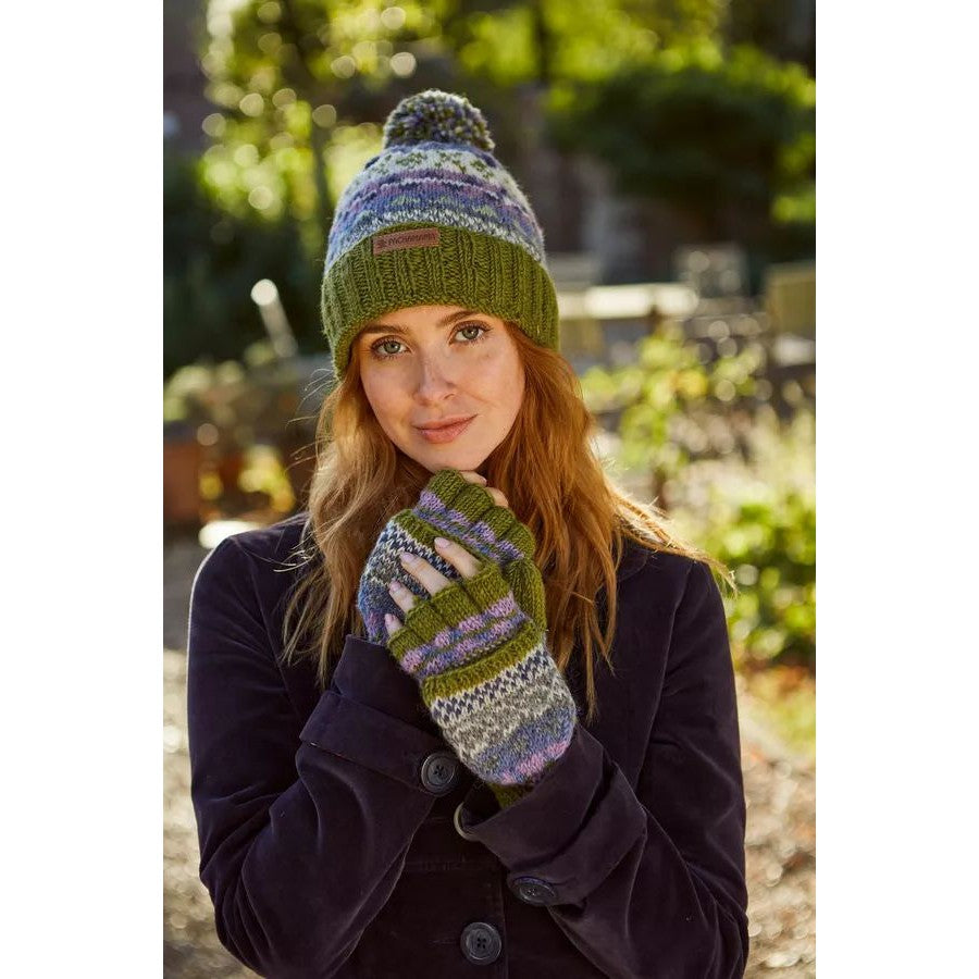 Pachamama Classic Fairisle Roll Back Bobble Beanie Olive-elevate your sole