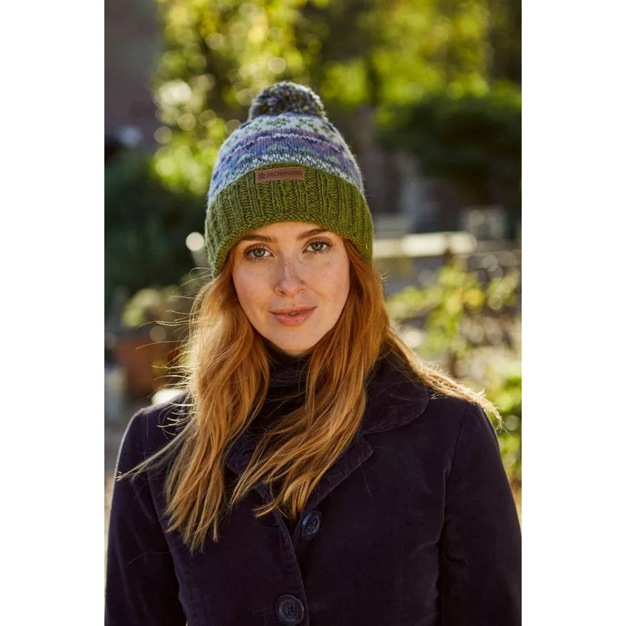 Pachamama Classic Fairisle Roll Back Bobble Beanie Olive-elevate your sole