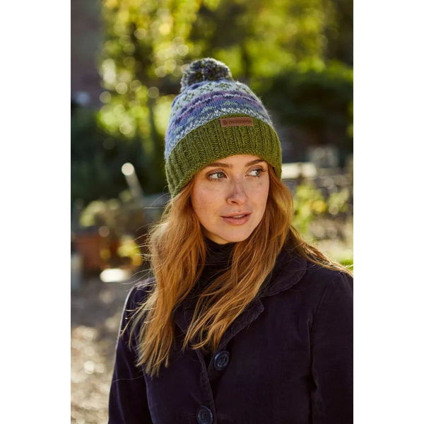 Pachamama Classic Fairisle Roll Back Bobble Beanie Olive-elevate your sole