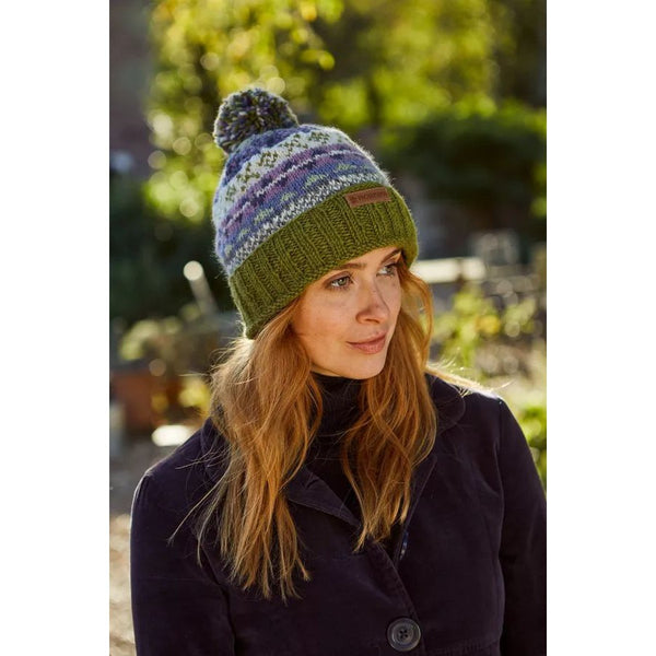 Pachamama Classic Fairisle Roll Back Bobble Beanie Olive-elevate your sole