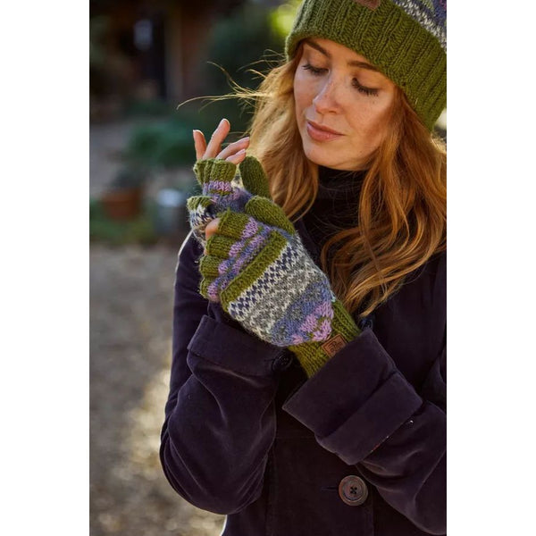 Pachamama Classic Fairisle Roll Back Bobble Beanie Olive-elevate your sole