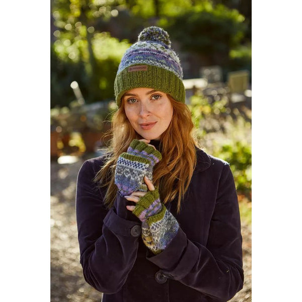 Pachamama Classic Fairisle Roll Back Bobble Beanie Olive-elevate your sole