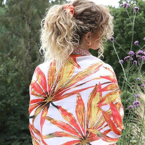 Pom Burnt Orange Mix Tropical Flower Scarf With Spot Border And Foil Detail-elevate your sole