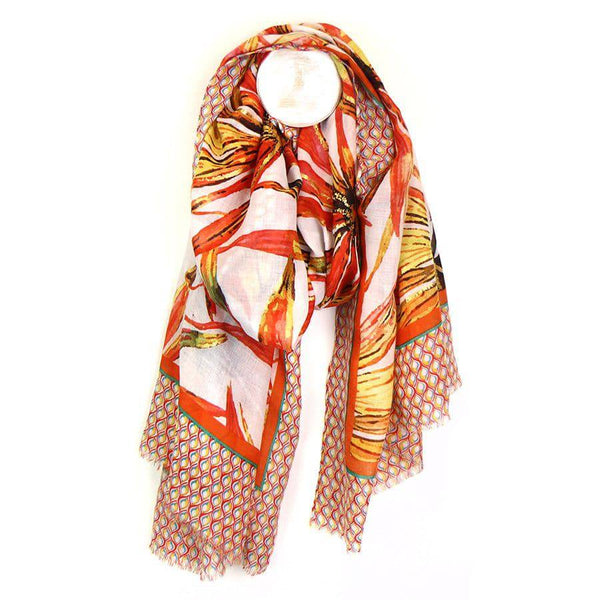 Pom Burnt Orange Mix Tropical Flower Scarf With Spot Border And Foil Detail-elevate your sole