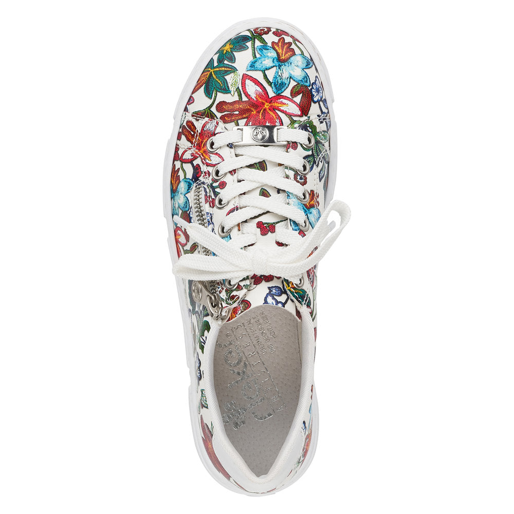 Rieker N59L1-90 Ladies White Flowers Zip & Lace Trainers-elevate your sole