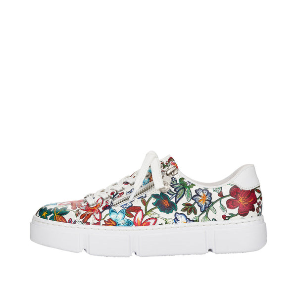 Rieker N59L1-90 Ladies White Flowers Zip & Lace Trainers-elevate your sole