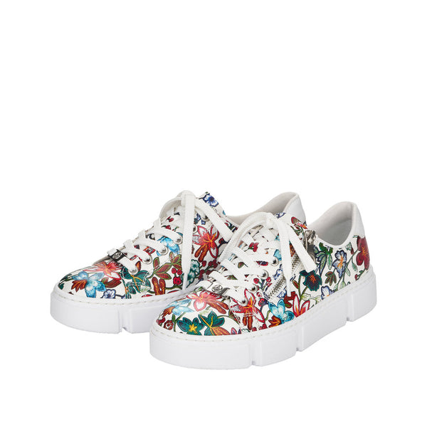 Rieker N59L1-90 Ladies White Flowers Zip & Lace Trainers-elevate your sole