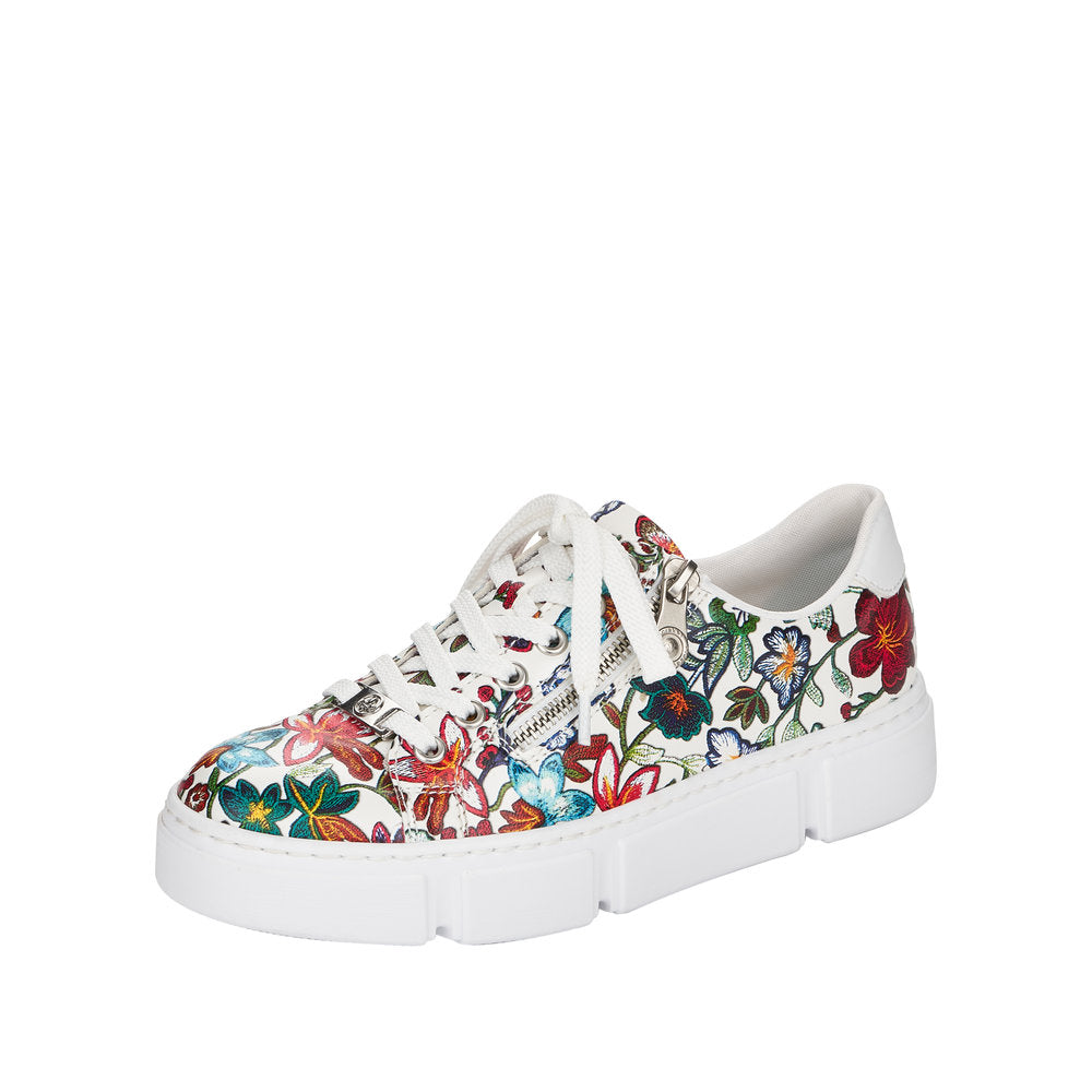 Rieker N59L1-90 Ladies White Flowers Zip & Lace Trainers-elevate your sole