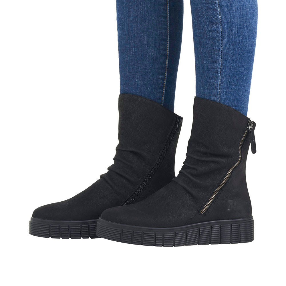 Rieker W1063-00 Ladies Black Suede Side Zip Mid-Calf Boots-elevate your sole