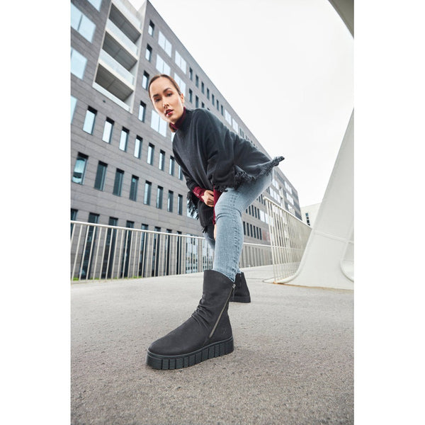 Rieker W1063-00 Ladies Black Suede Side Zip Mid-Calf Boots-elevate your sole