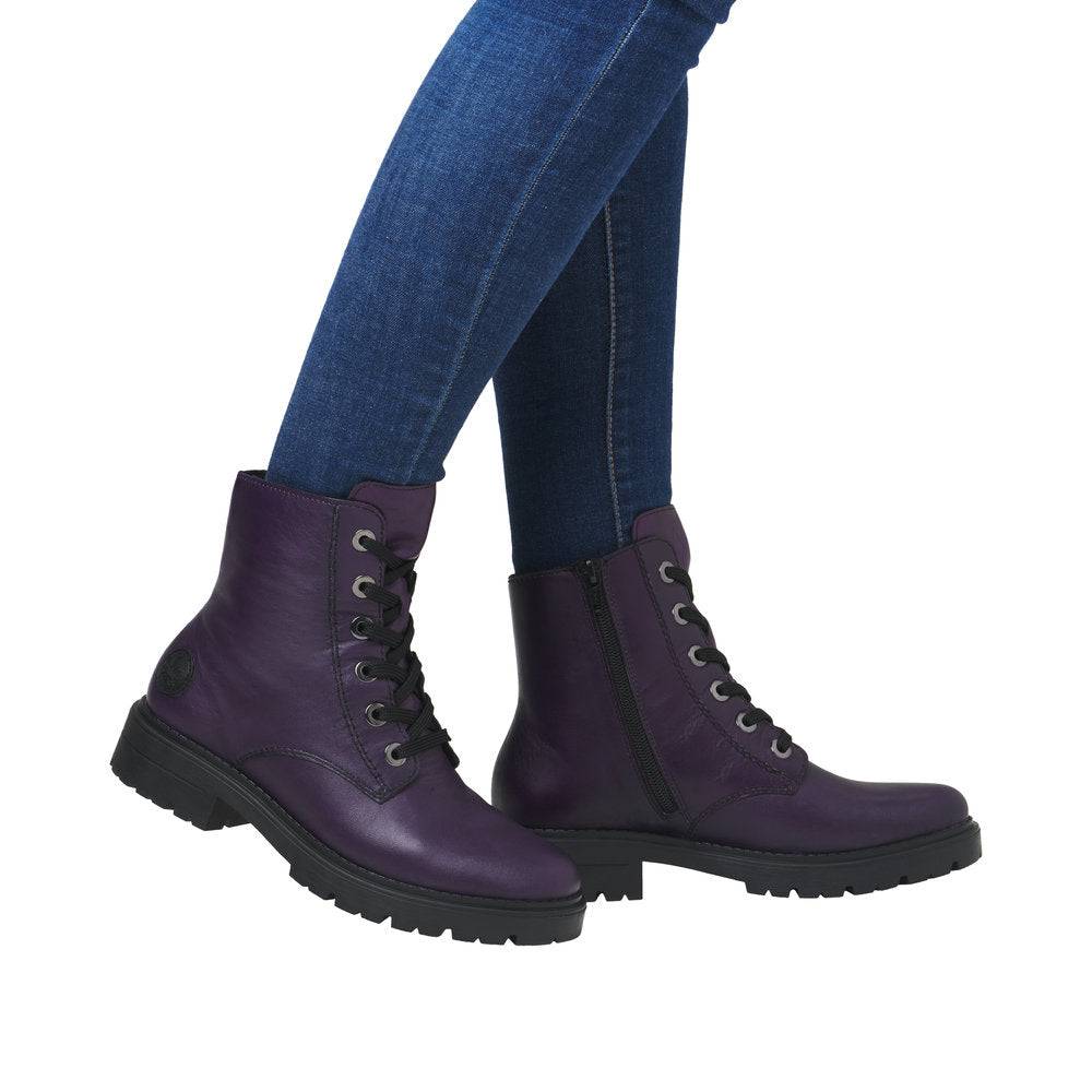 Rieker Z2841-30 Ladies Aubergine Purple Leather Zip & Lace Ankle Boots-elevate your sole