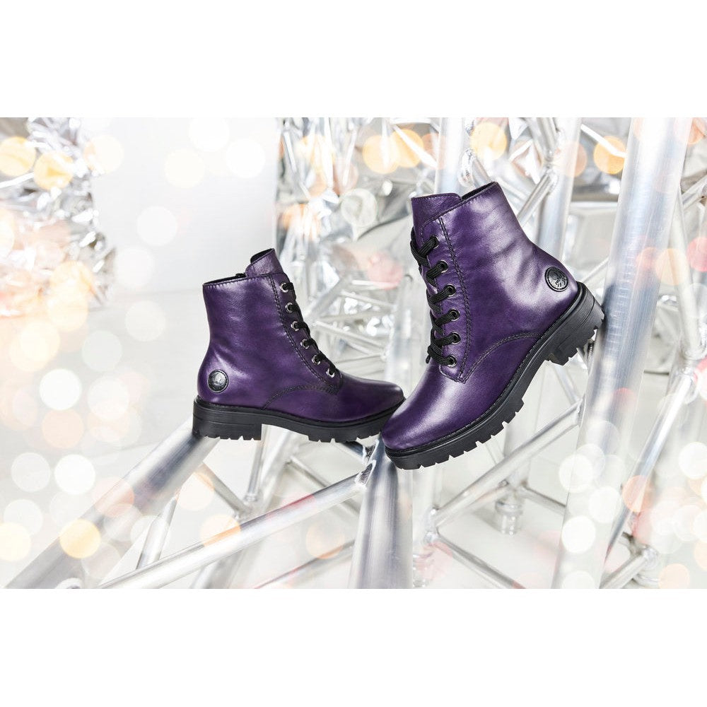 Rieker Z2841-30 Ladies Aubergine Purple Leather Zip & Lace Ankle Boots-elevate your sole