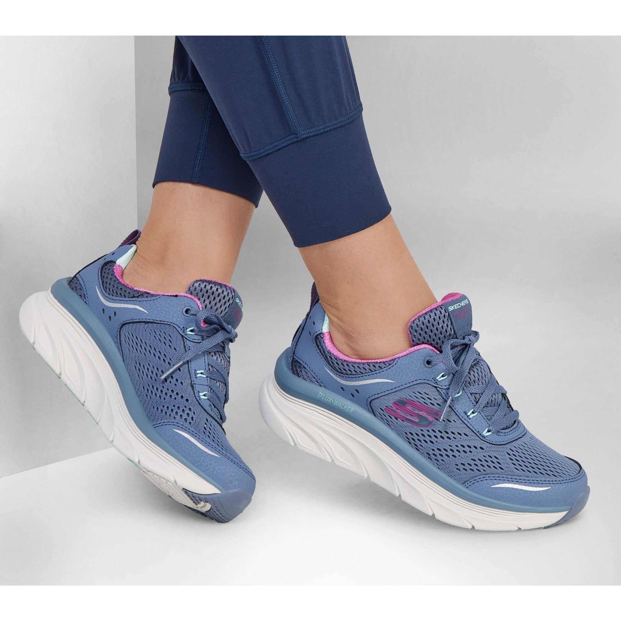 Skechers 149023 D'lux Walker-Infinite Motion Ladies Slate & Pink Leather & Textile Lace Up Trainers-elevate your sole