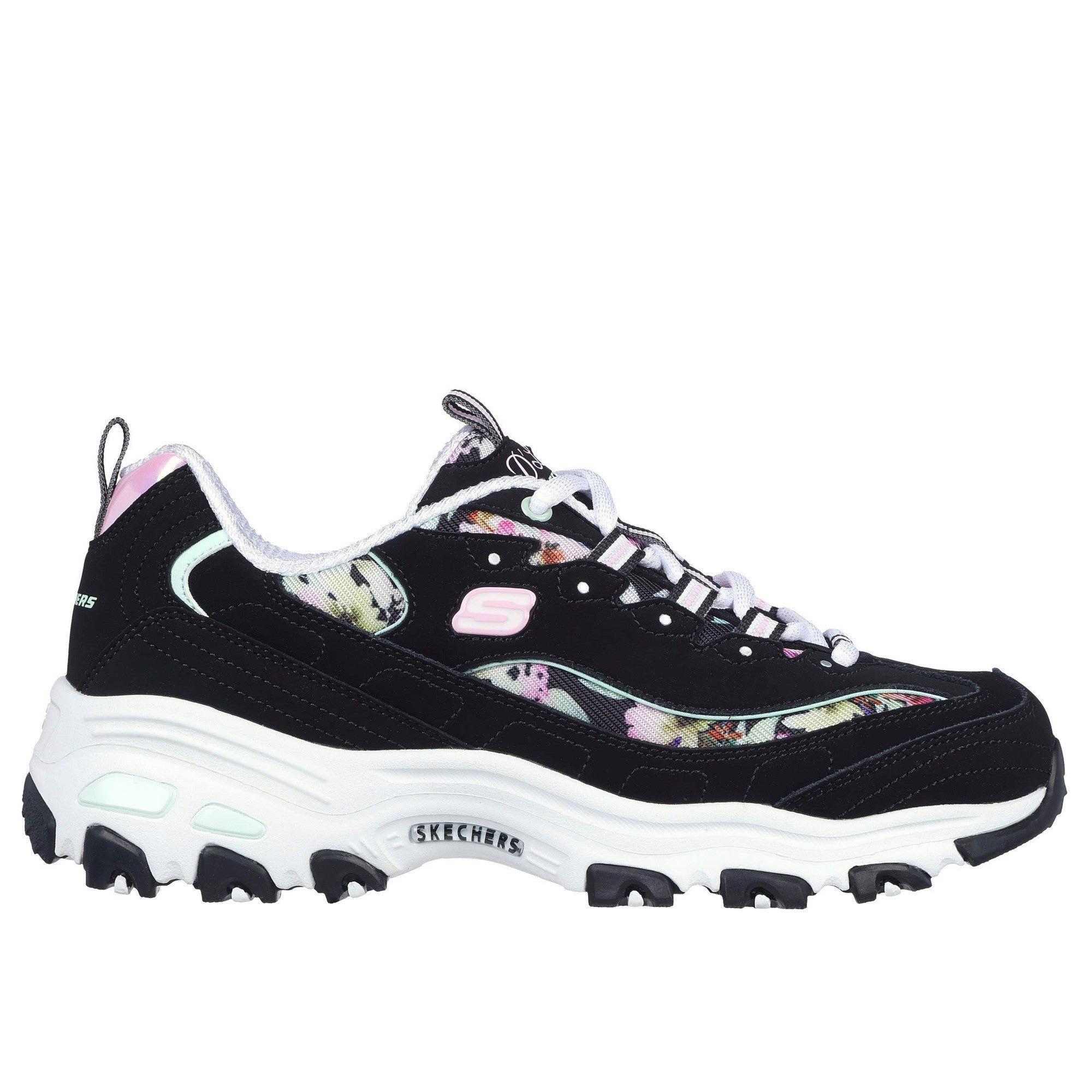 Skechers 149794 D'lites - Blooming Fields Ladies Black Multi Leather Lace Up Trainers-elevate your sole