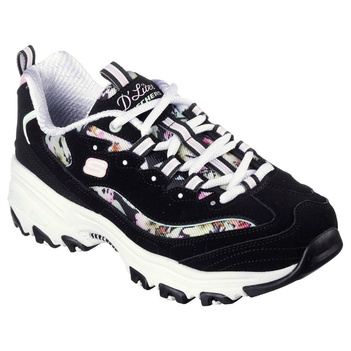 Skechers 149794 D'lites - Blooming Fields Ladies Black Multi Leather Lace Up Trainers-elevate your sole