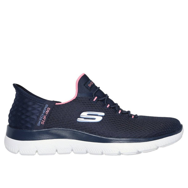 Skechers 150123 Summits-Diamond Dream Slip Ins Ladies Navy Pink Textile Vegan Slip On Trainers-elevate your sole