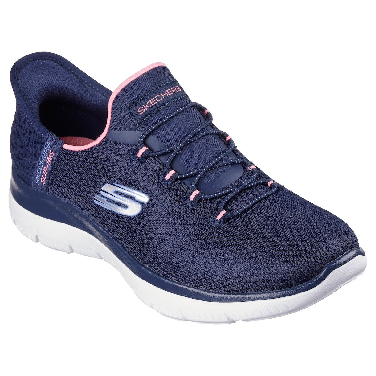 Skechers 150123 Summits-Diamond Dream Slip Ins Ladies Navy Pink Textile Vegan Slip On Trainers-elevate your sole