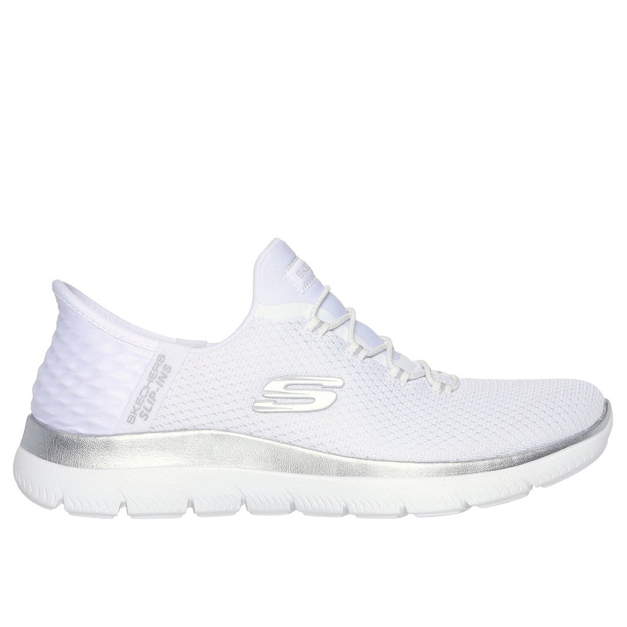 Skechers 150123 Summits-Diamond Dream Slip Ins Ladies White Silver Textile Vegan Slip On Trainers-elevate your sole