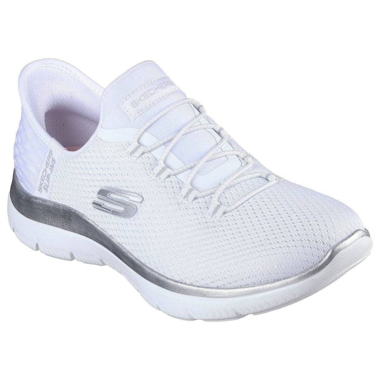 Skechers 150123 Summits-Diamond Dream Slip Ins Ladies White Silver Textile Vegan Slip On Trainers-elevate your sole