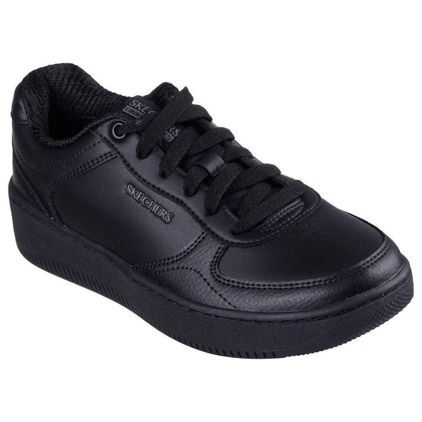 Ladies black leather skechers trainers on sale