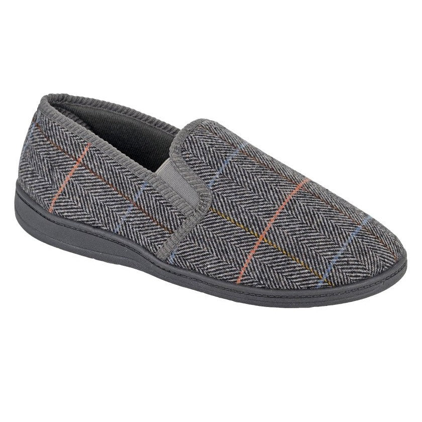 Sleepers MS404F Kenny Mens Grey Herringbone Textile Slippers-elevate your sole