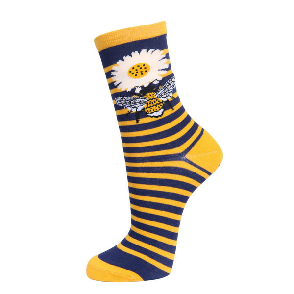 Sock Talk Navy Blue & Mustard Bamboo Bumble Bees Floral Striped Socks-elevate your sole