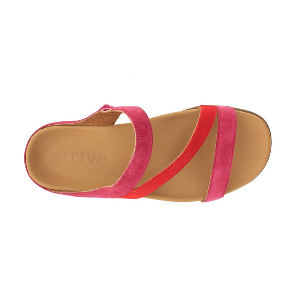 Strive Trio Ladies Magenta And Scarlet Suede Arch Support Slip On Sandals-elevate your sole