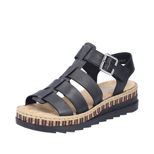 Rieker V7904-00 Ladies Black Leather Touch Fastening Sandals