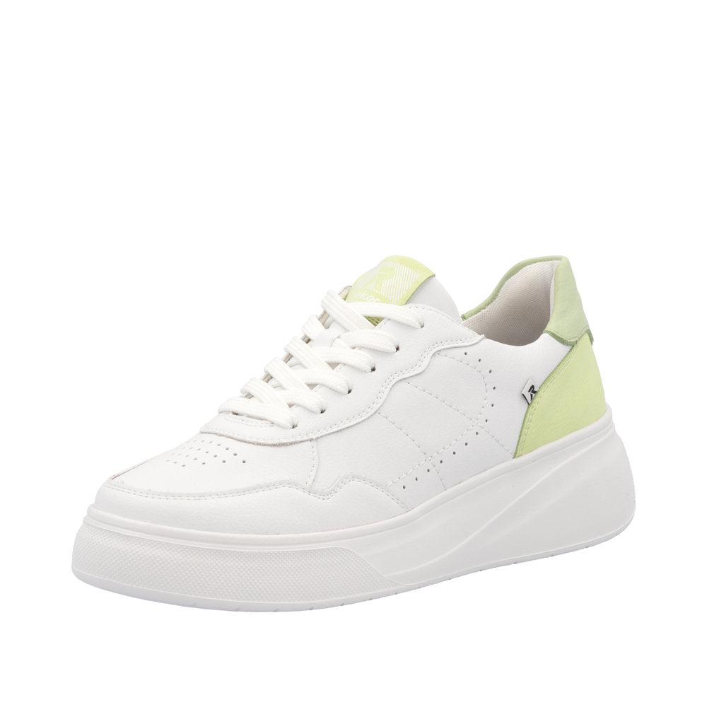 Rieker W2300-80 Ladies White/Green Leather Lace Up Trainers