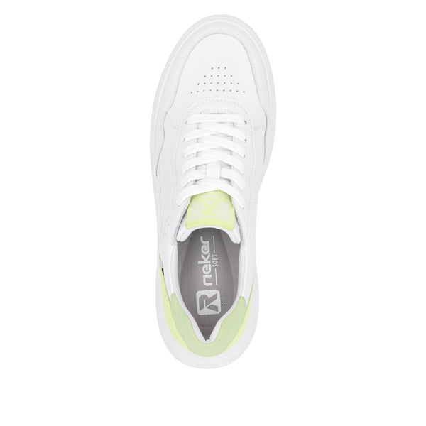 Rieker W2300-80 Ladies White/Green Leather Lace Up Trainers