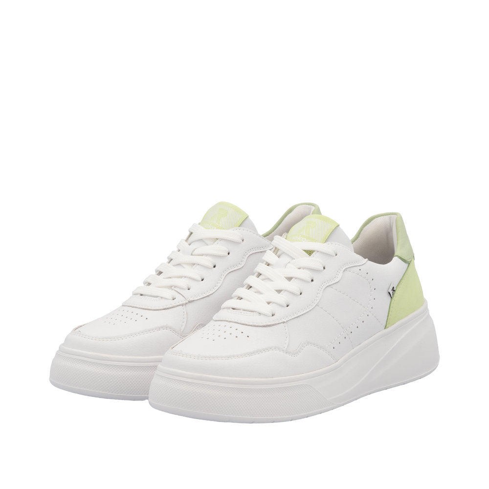 Rieker W2300-80 Ladies White/Green Leather Lace Up Trainers