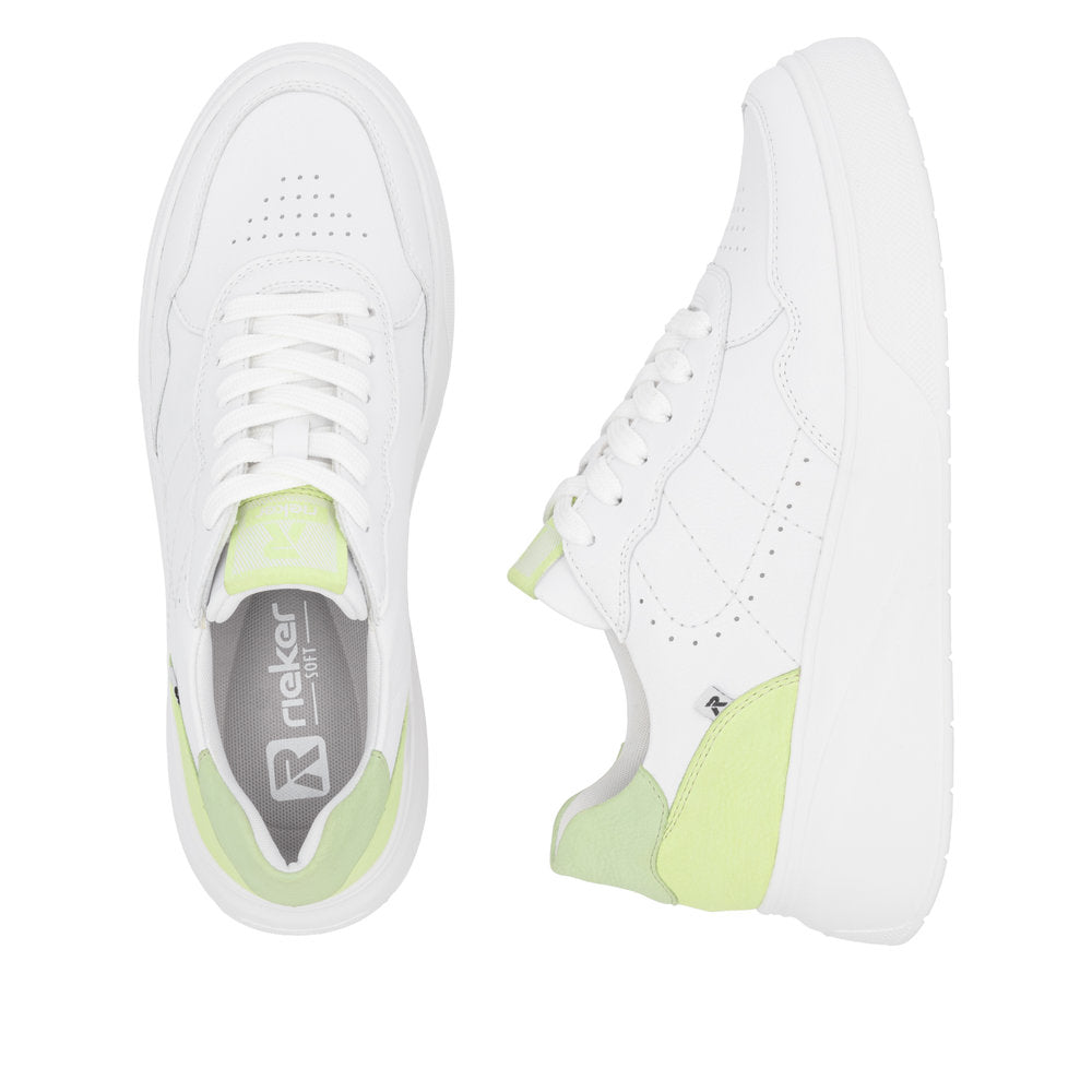 Rieker W2300-80 Ladies White/Green Leather Lace Up Trainers