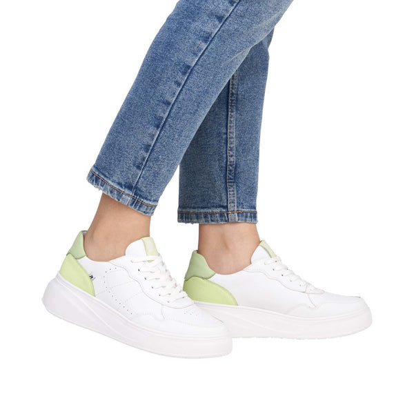 Rieker W2300-80 Ladies White/Green Leather Lace Up Trainers