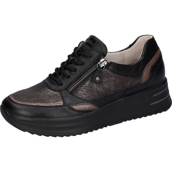 Waldlaufer 755004 310 370 H-Arianna Ladies Black & Bronze Leather Arch Support Zip & Lace Shoes-elevate your sole