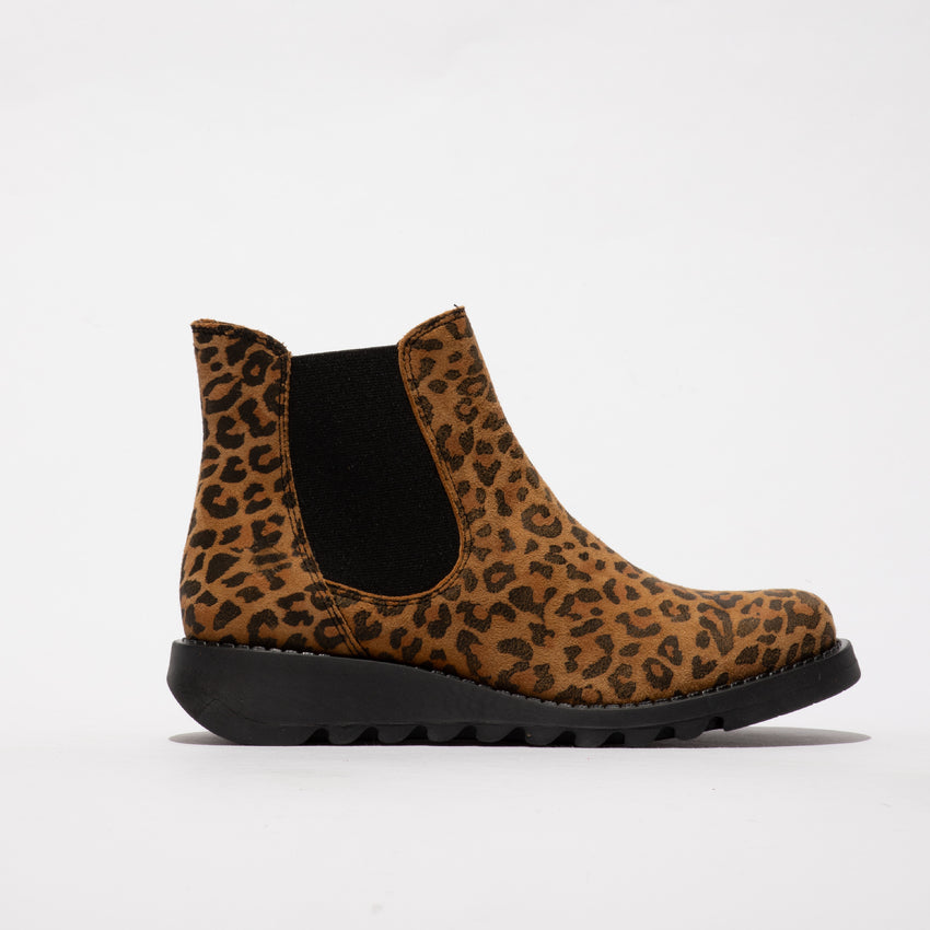 Fly SALV195  (Black Elastic) Ladies Tan Cheetah Leather Pull On Ankle Boots