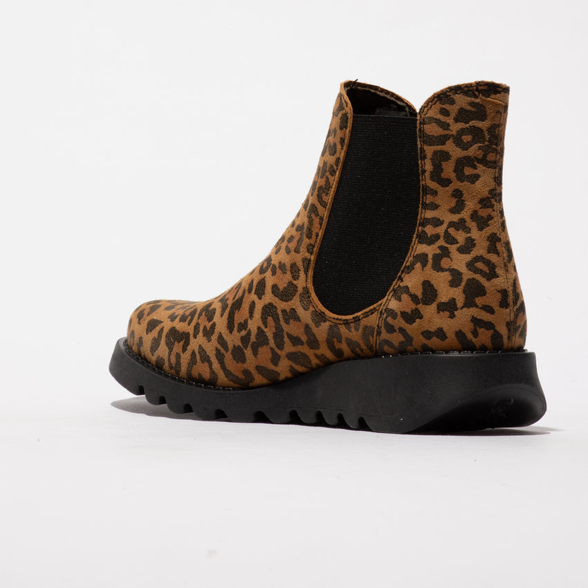 Fly SALV195  (Black Elastic) Ladies Tan Cheetah Leather Pull On Ankle Boots